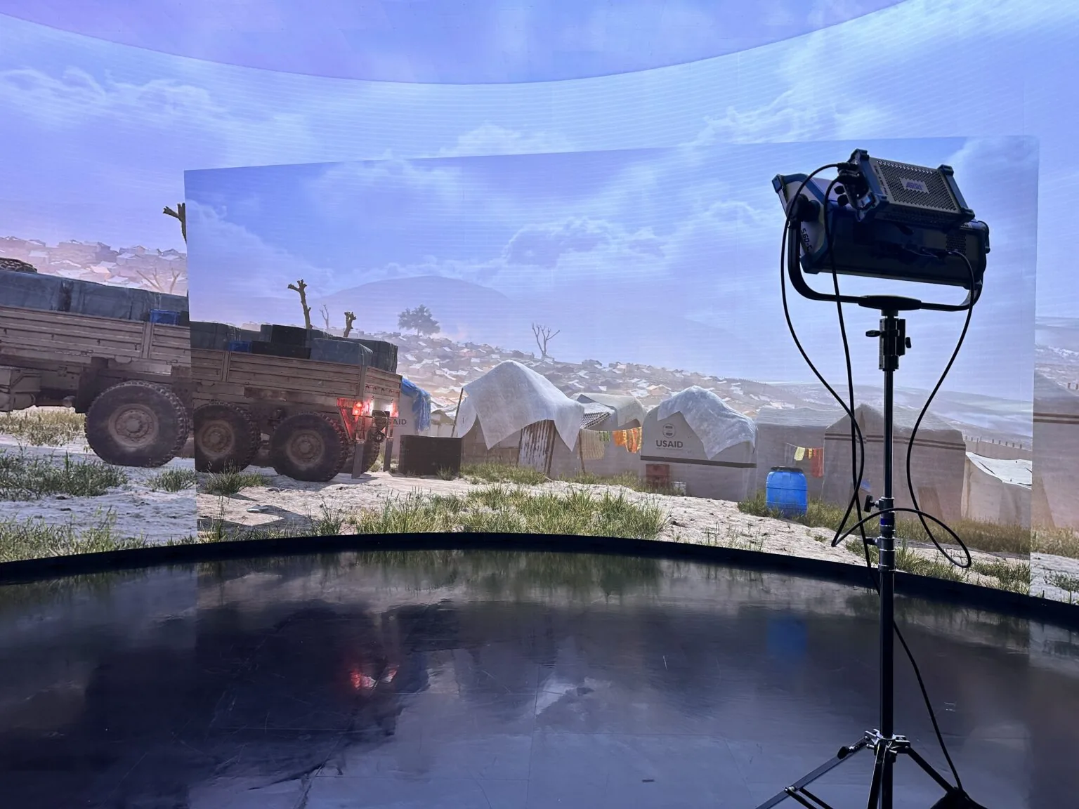 Production team working on a virtual set