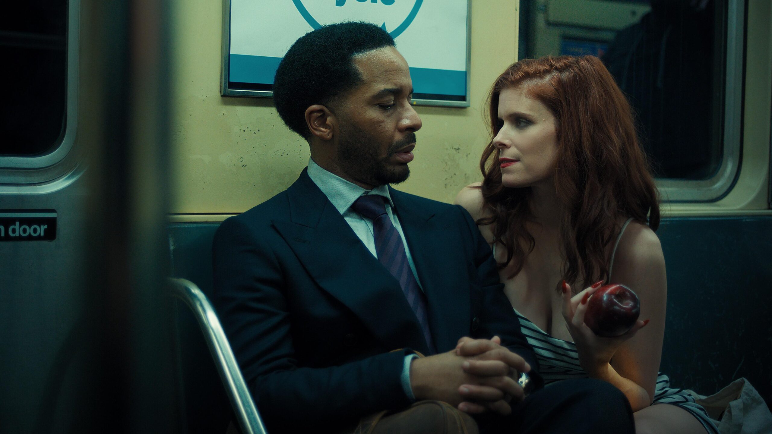 André Holland as Clay and Kate Mara as Lula on a New York subway in The Dutchman