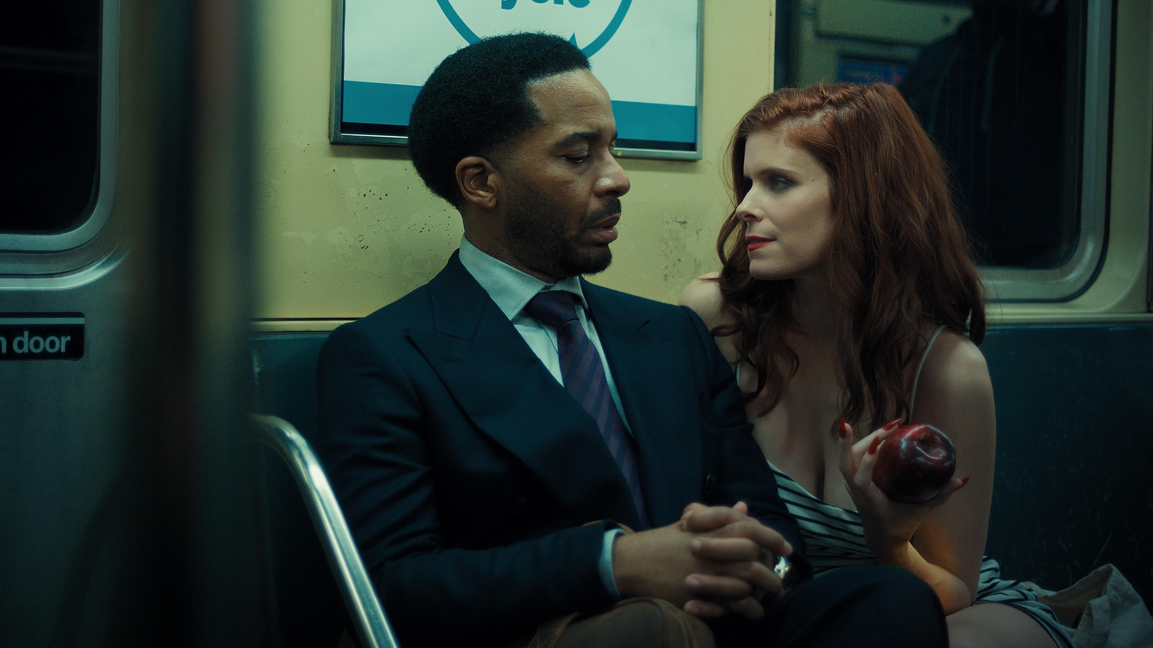 André Holland as Clay and Kate Mara as Lula on a New York subway in The Dutchman
